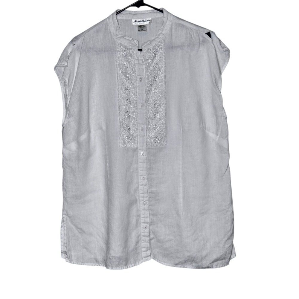 Marisa‎ Christina 1X White Linen Sleeveless Top Lace Button Front Blouse